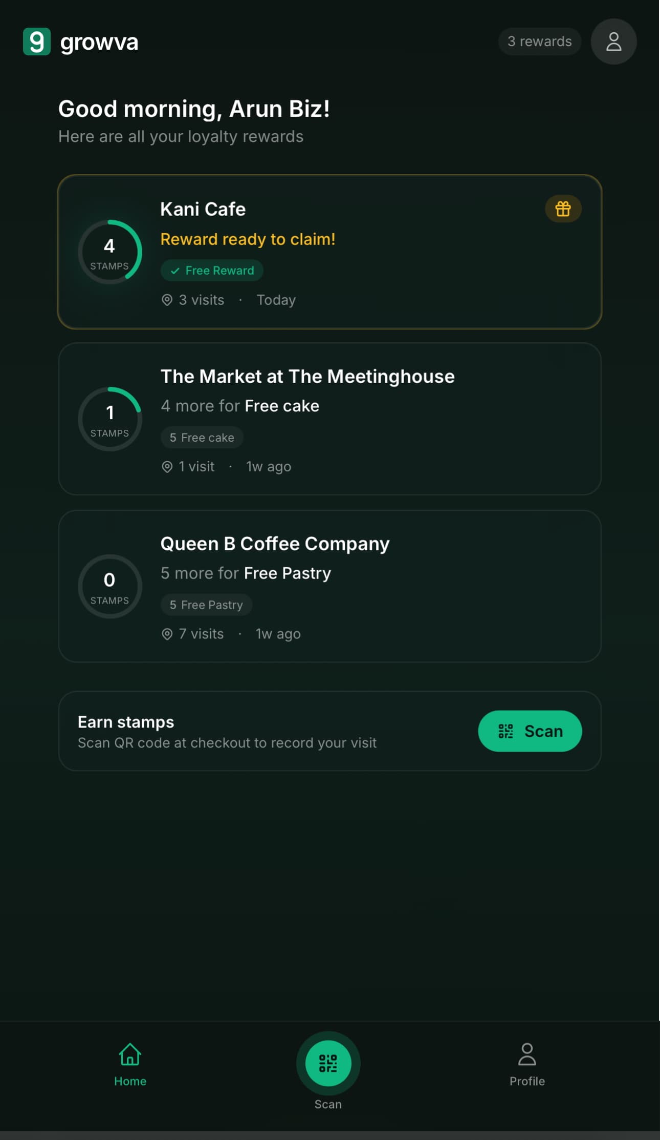 Growva customer wallet showing loyalty cards from multiple businesses